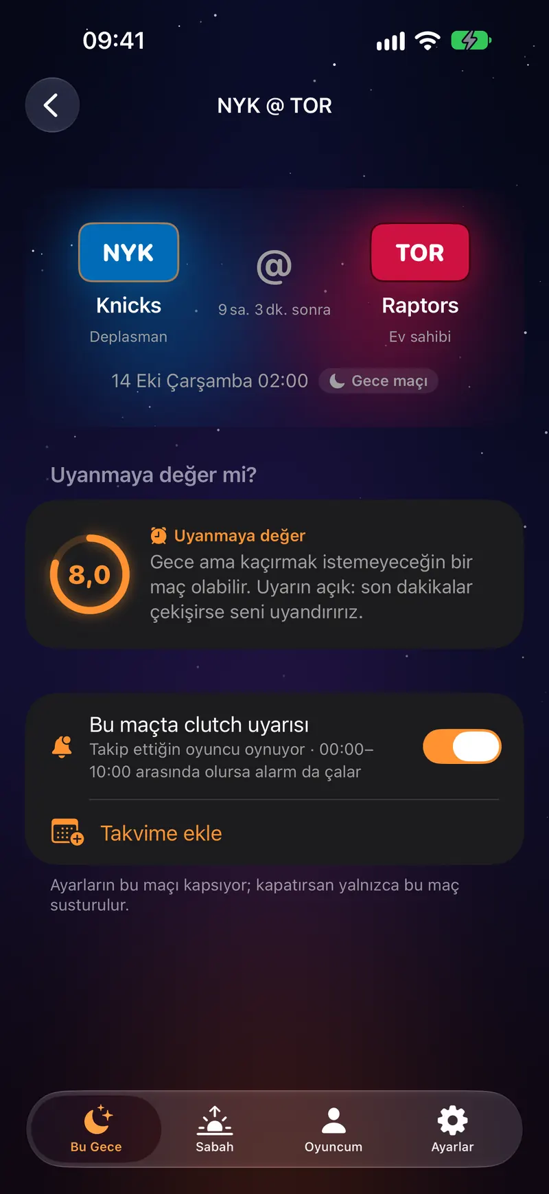 Clutchly ekran görüntüsü: Maç sayfası